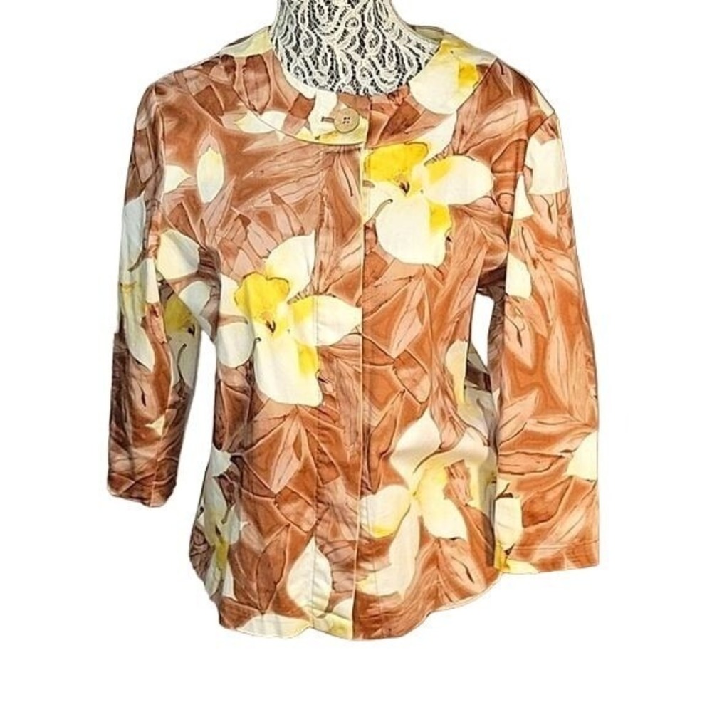 CHICO'S ADDITIONS Floral Print‎ Button Up Jacket Brown Yellow 3/4 Sleeve L